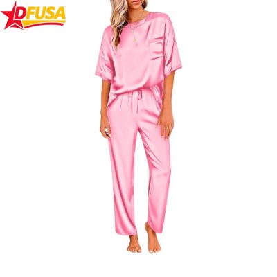 Ekouaer Women Satin Silky Pajama Set Short Sleeve Shirt with Long Pajama Pant Set Soft PJ Loungewear - Hot Pink