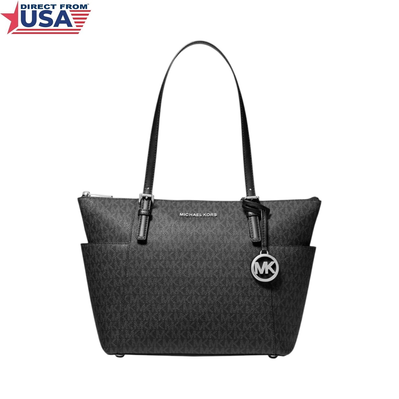 Michael Kors Jet Set Top Zip Tote Bag - Silver-tone Hardware Signature Black