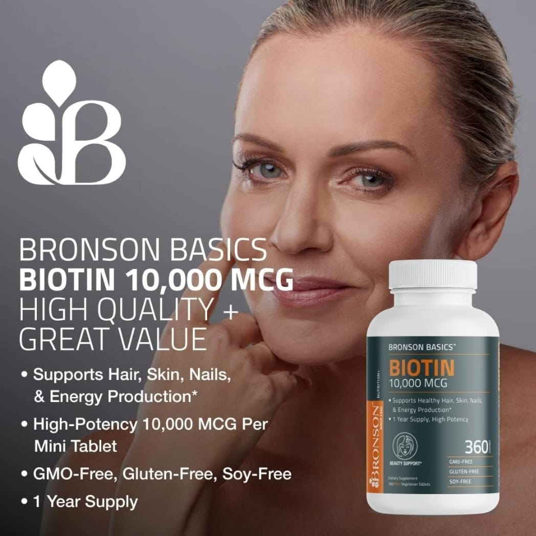 Bronson Biotin 10,000 mcg - Supports Healthy Hair, Skin and Nails (150 Tablets) - Image 2