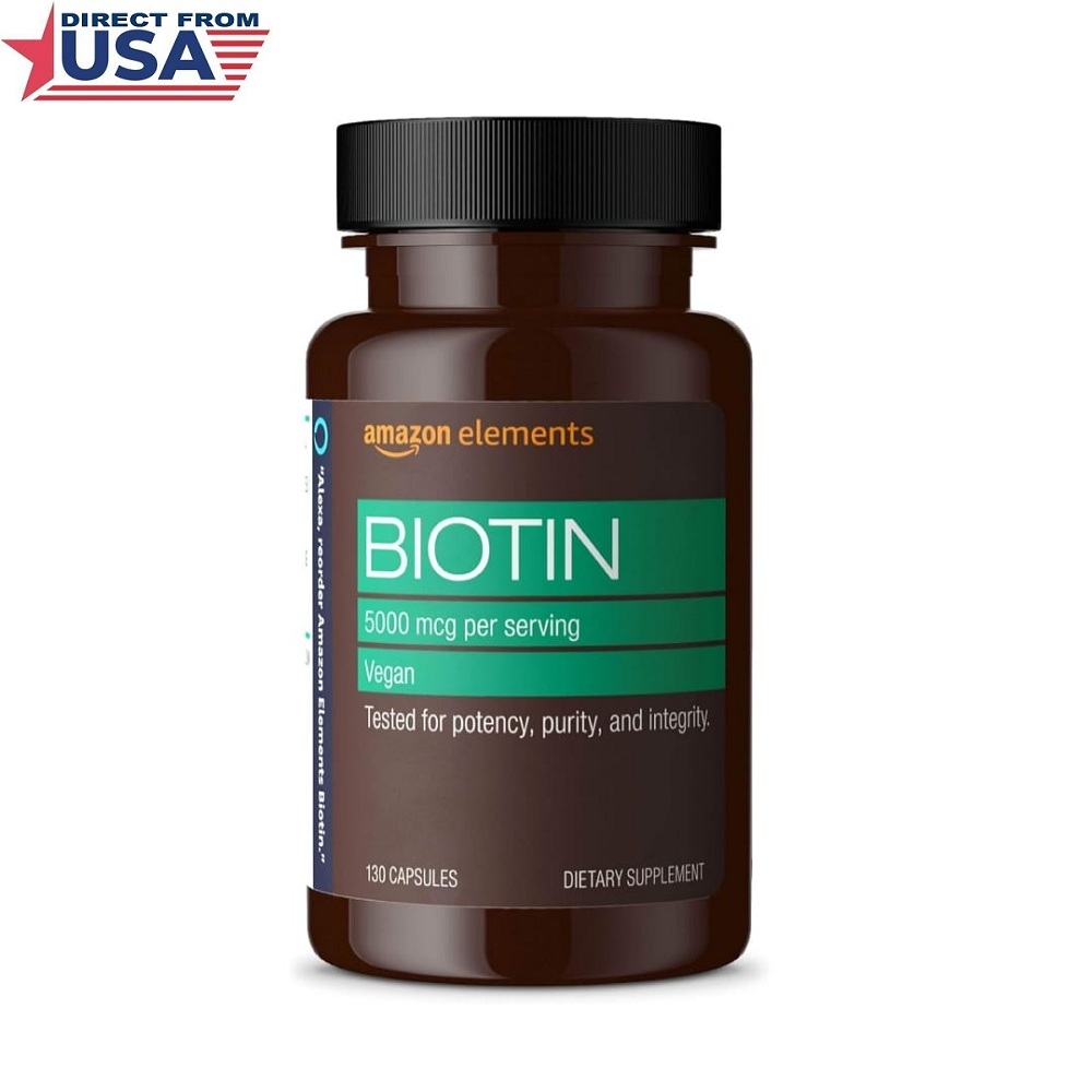 Amazon Elements Vegan Biotin 5000 mcg - Hair, Skin, Nails, 130 Capsules (4 month supply)