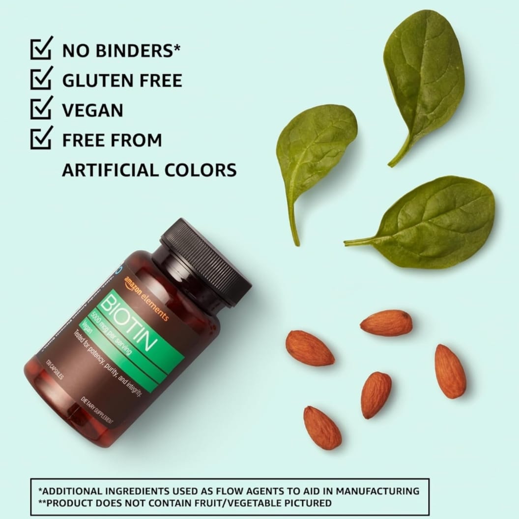 Amazon Elements Vegan Biotin 5000 mcg - Hair, Skin, Nails, 130 Capsules (4 month supply) - Image 2