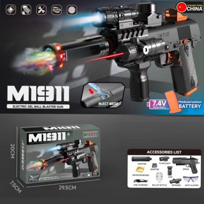 M1911 Electric Water Gel Bullet Gun with Lights and Smoke for Kids - Black