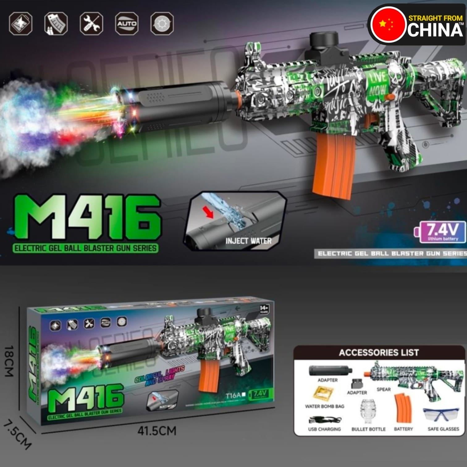 M416 Electric Water Gel Bullet Gun with Lights and  Smoke for Kids - Green