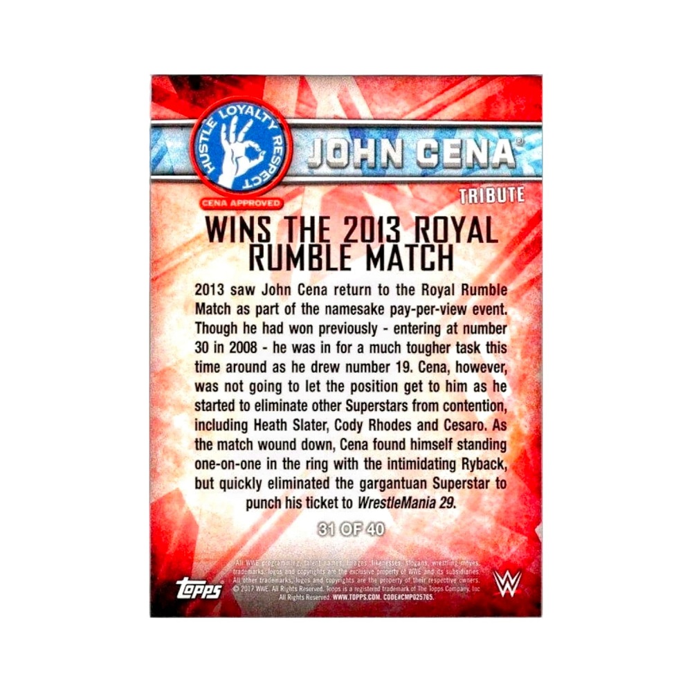 Topps WWE 2017 Then Now Forever Tribute Part 4 John Cena Royal Rumble 2013 #31 out of 40 Wrestler Trading Card with Case - Image 2